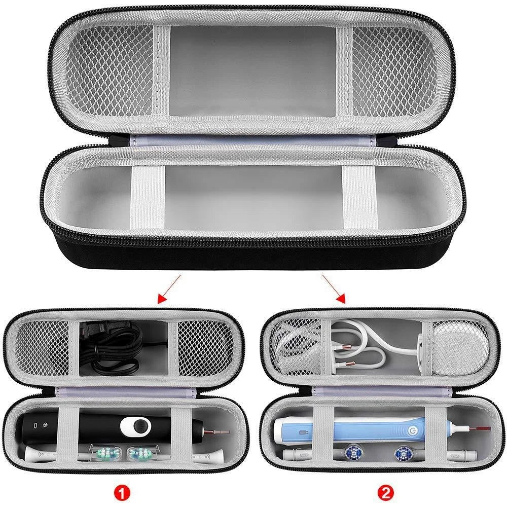 An open black EVA travel case for a toothbrush, showing the protective shell and brush inside.