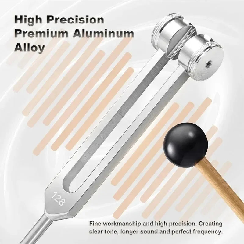 A high precision premium aluminum tuning fork with a metal activator and wooden handle.