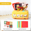 A yellow tissue box filled with colorful paper handkerchiefs and super soft towels for baby sensory play
