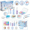 A collection of pretend play makeup kits and cosmetics including various tools, palettes, and containers for kids.