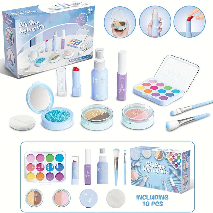 A collection of pretend play makeup kits and cosmetics including various tools, palettes, and containers for kids.
