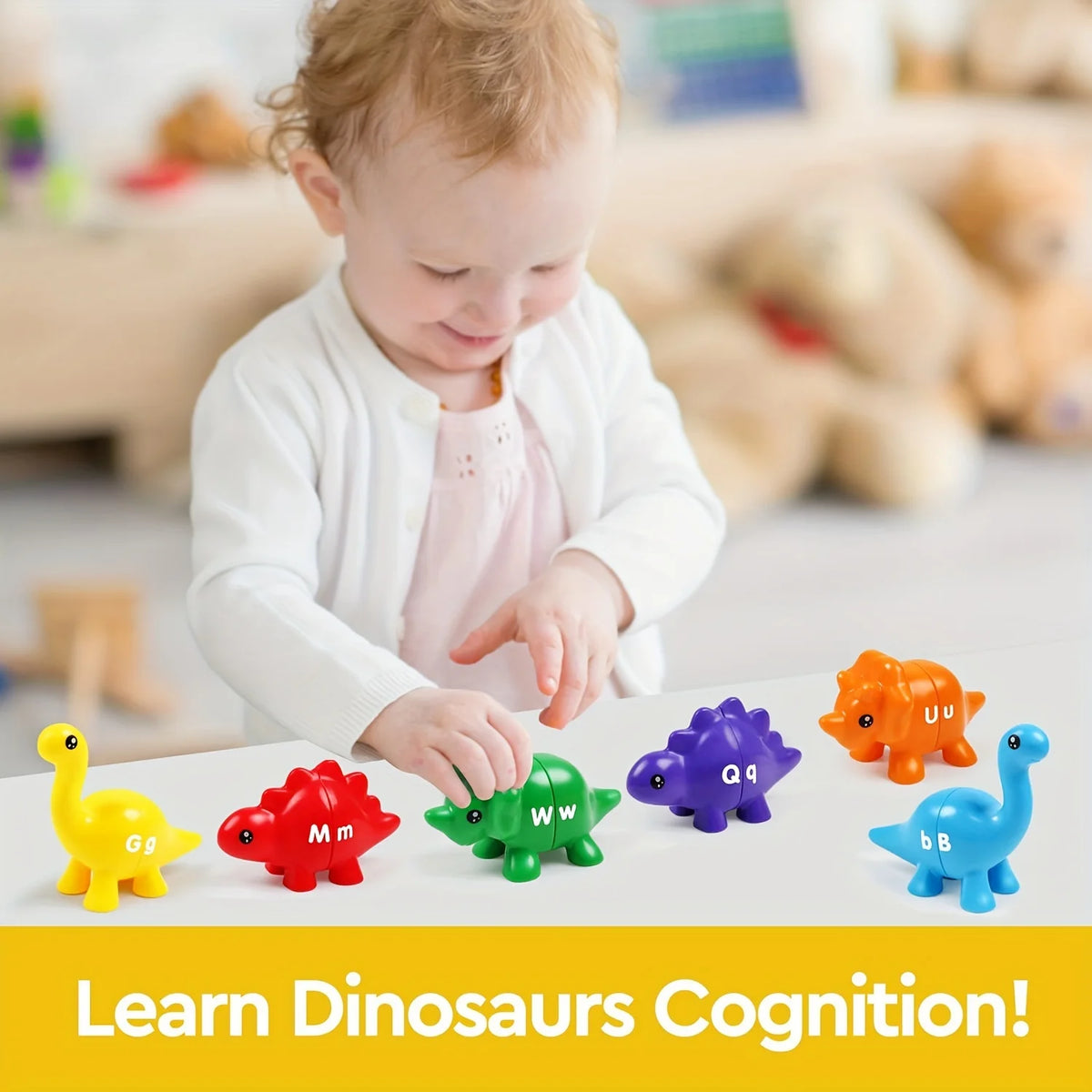 A toddler is interacting with a colorful dinosaur letter and number matching game set.