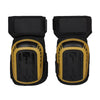 A pair of black heavy-duty gel knee pads with gold accents and adjustable straps.