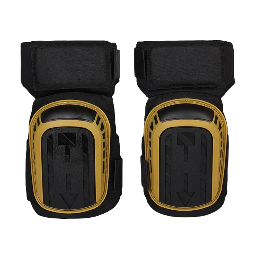 A pair of black heavy-duty gel knee pads with gold accents and adjustable straps.