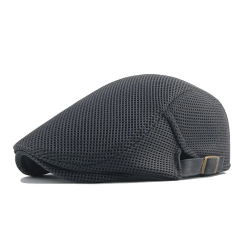 A black men's breathable mesh newsboy cap shown from the side.