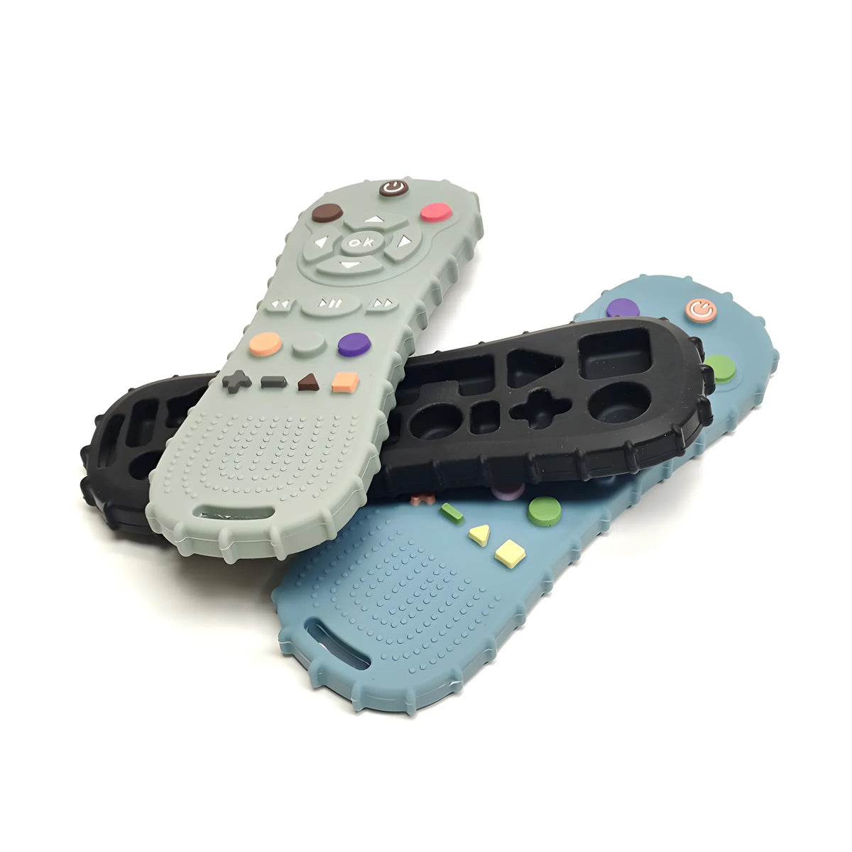 A silicone baby teether with an anti-slip bracelet featuring various shapes and textures.