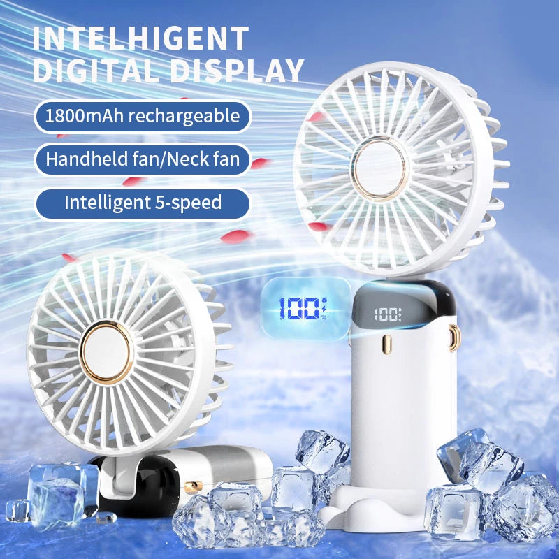 Portable Neck Fan with LED Display and Phone Stand