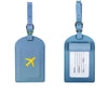 A light blue PU leather luggage tag with a silver clasp and a rectangular section for personal information.