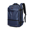 A navy blue expandable travel laptop backpack with black straps and zippered compartments.
