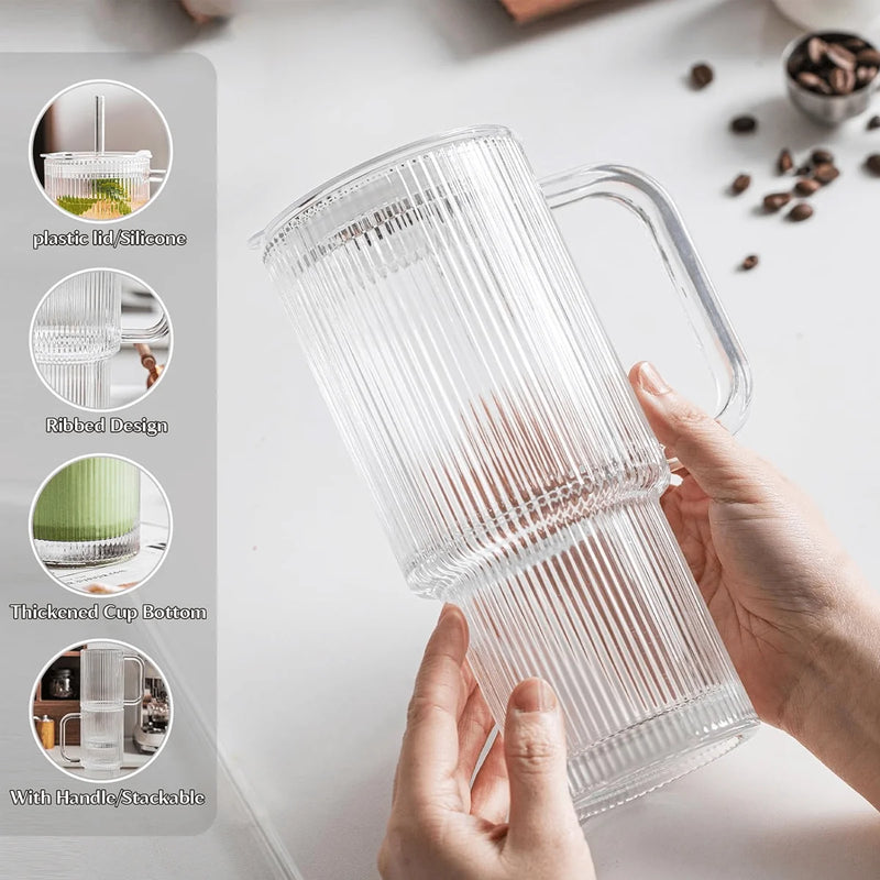 Ribbed Glass Tumbler with Handle & Lid