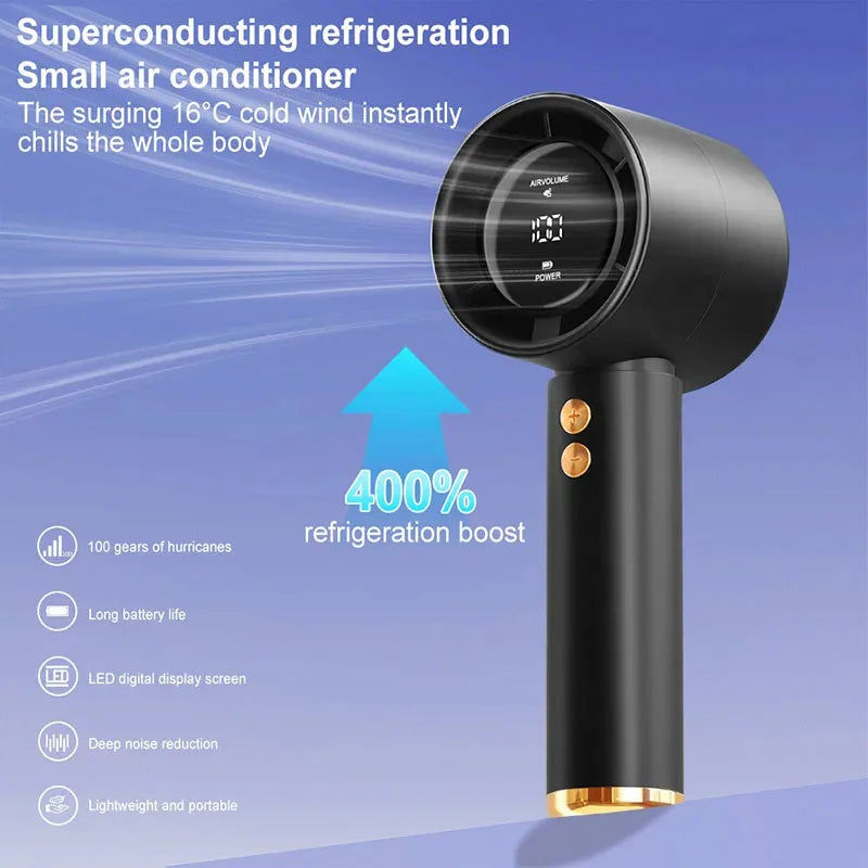 Dispositivo portátil negro para refrigeración superconductora con efecto de haz de energía azul.