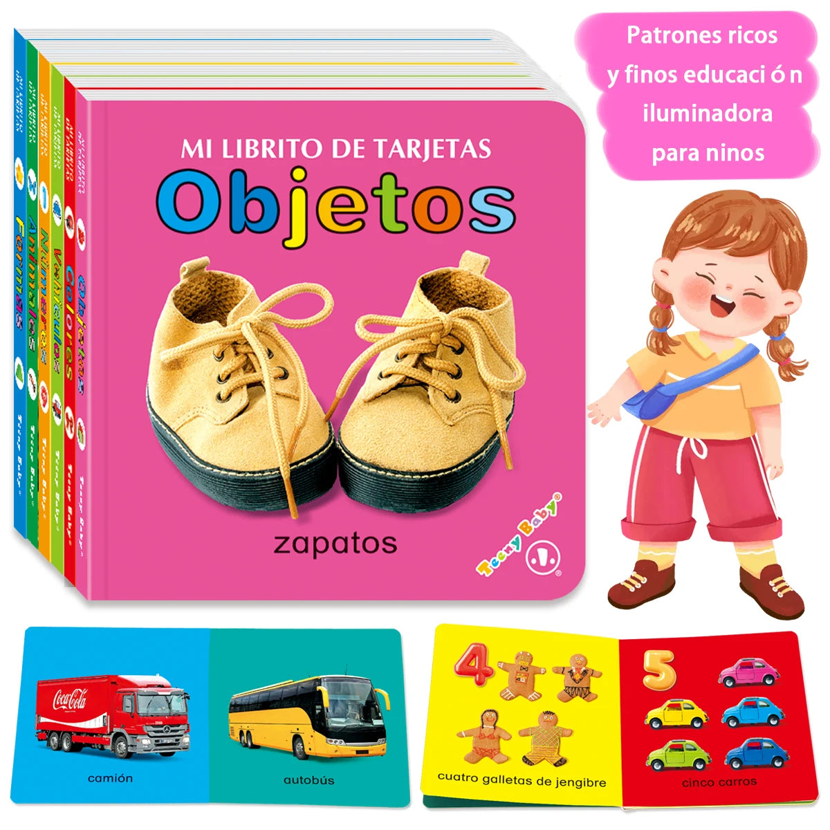 Buntes Buch 'Mi Libro de Tarjetas Objetos' mit Bildern von Schuhen und Fahrzeugen wie LKW, Bus und Auto