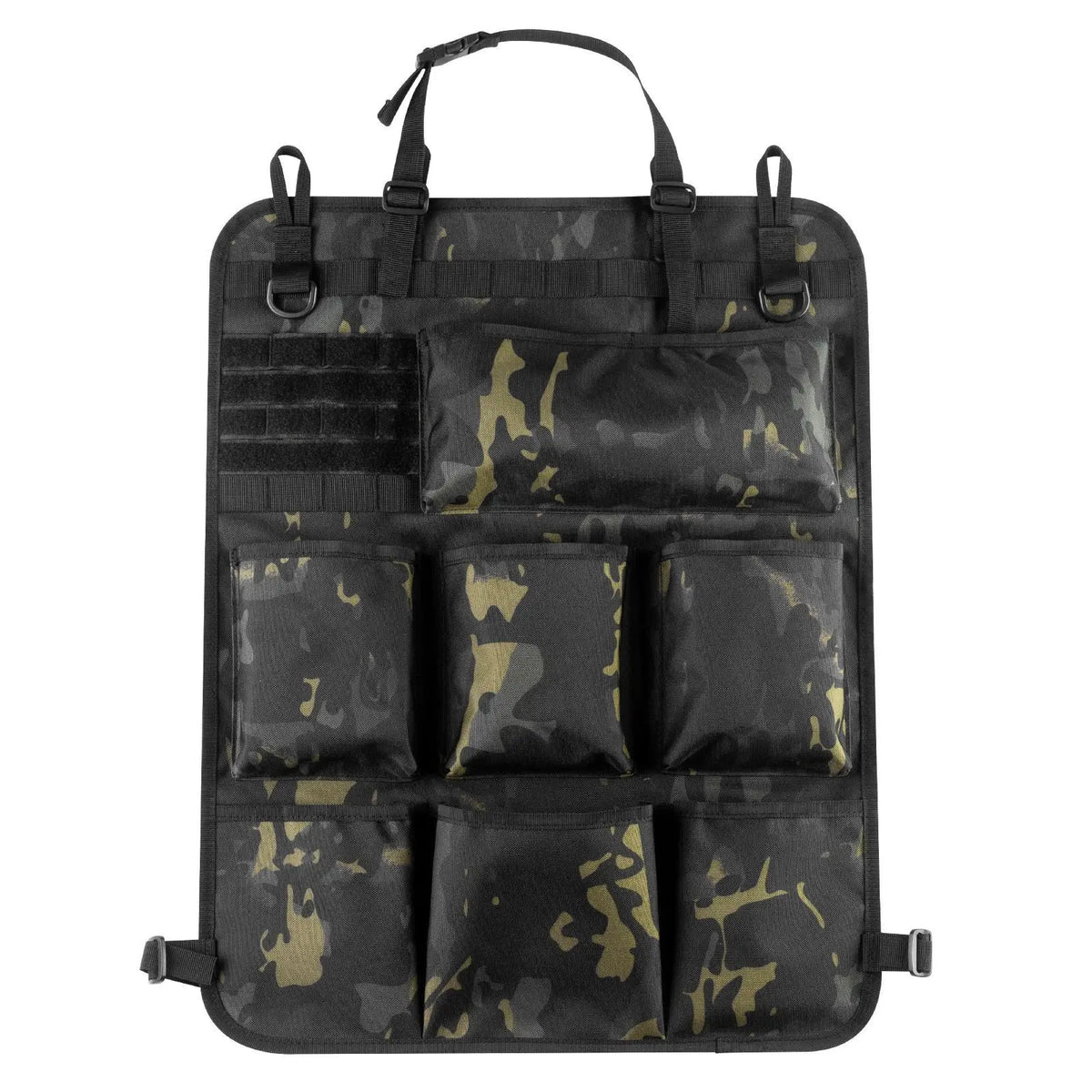 Black tactical seat back organizer bag with seven camouflage pockets for car storage