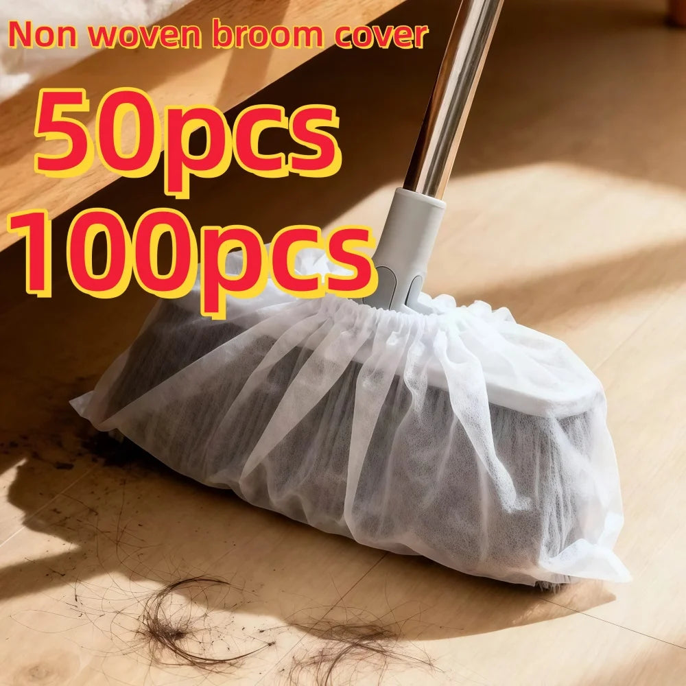 A bundle of 50 or 100 disposable non-woven broom covers being used to clean a wooden floor.