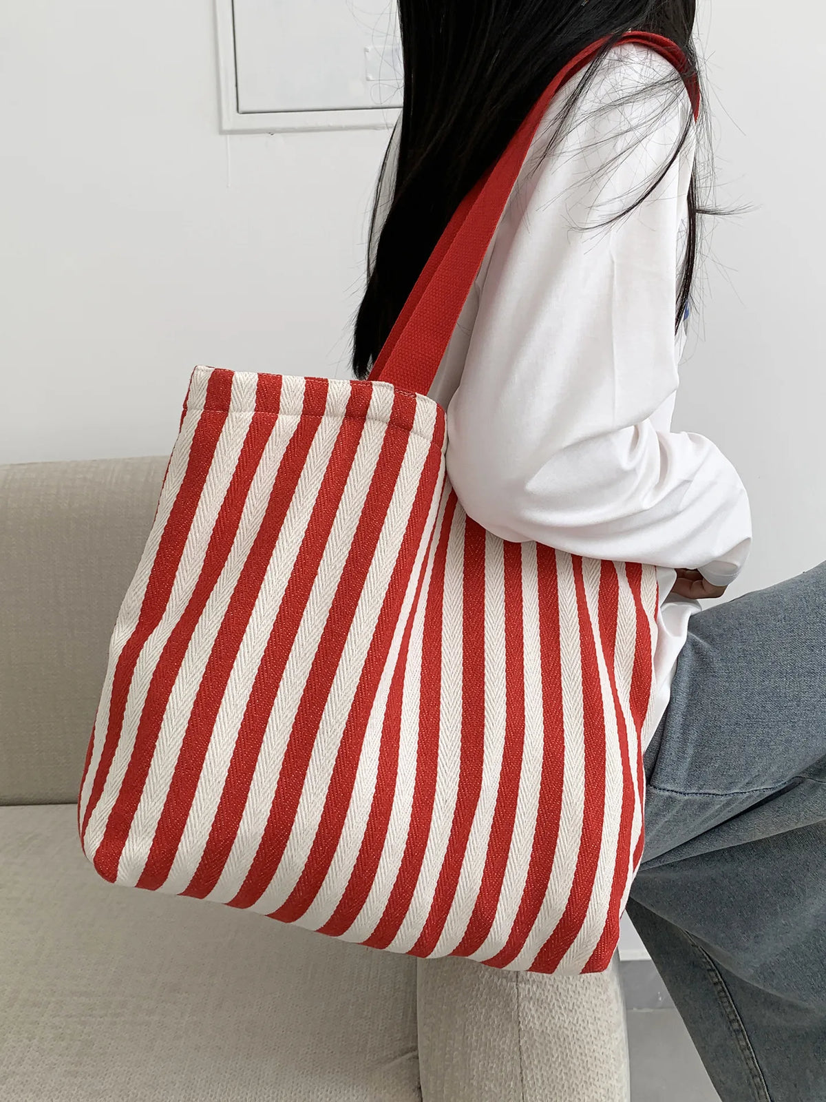 Striped Canvas Shoulder Tote Bag