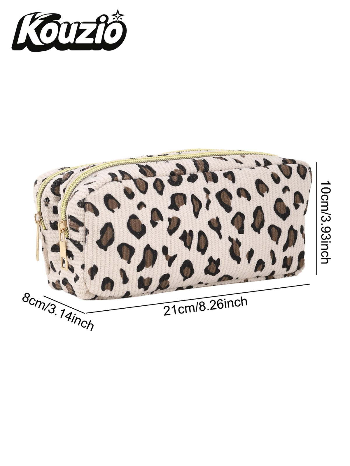 A beige leopard print double-zip pencil case with a gold zipper and a black and brown pattern.