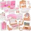 A pink and white dollhouse furniture set featuring a bed, bathroom, and various accessories for pretend play.