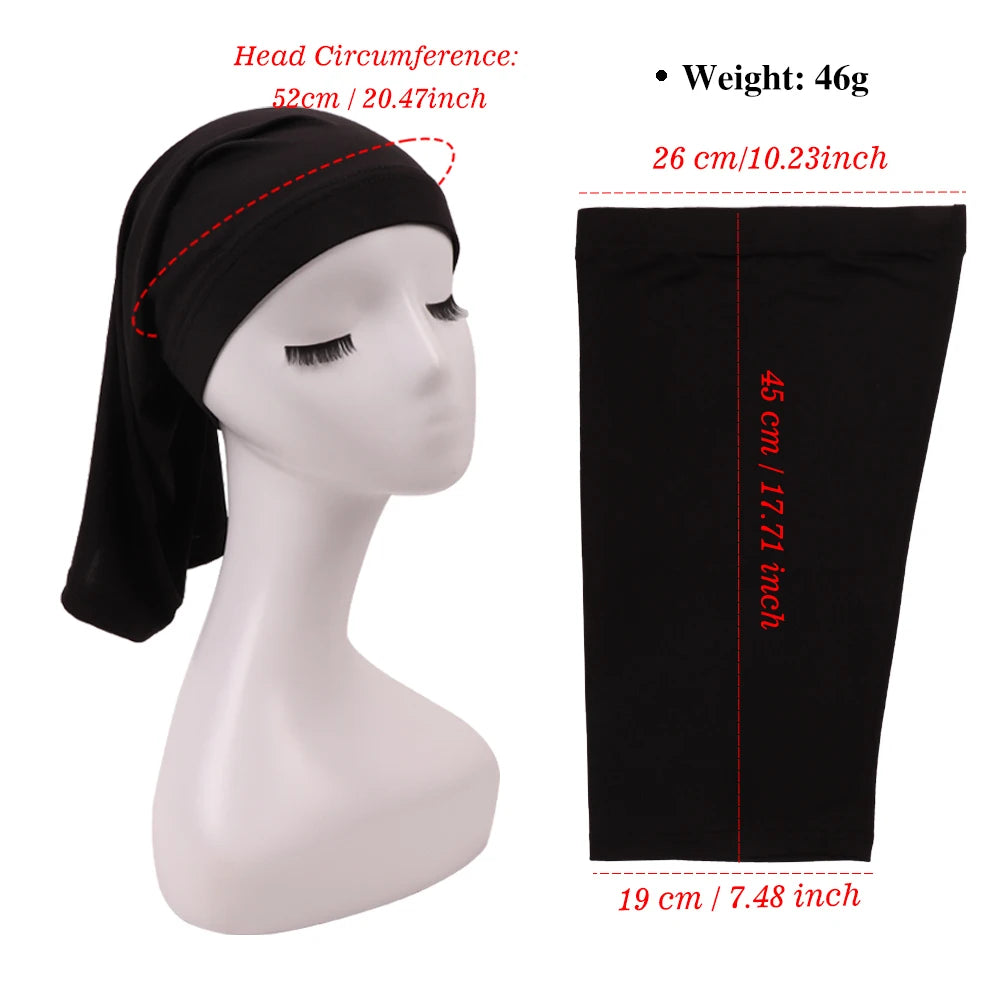 Black stretchable spandex dreadlock tube hair protection cap shown on a mannequin.