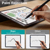 A hand uses a stylus pen on an iPad screen demonstrating palm rejection technology for precision writing.