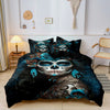 A dark blue and black duvet cover featuring a detailed sugar skull design with floral accents.