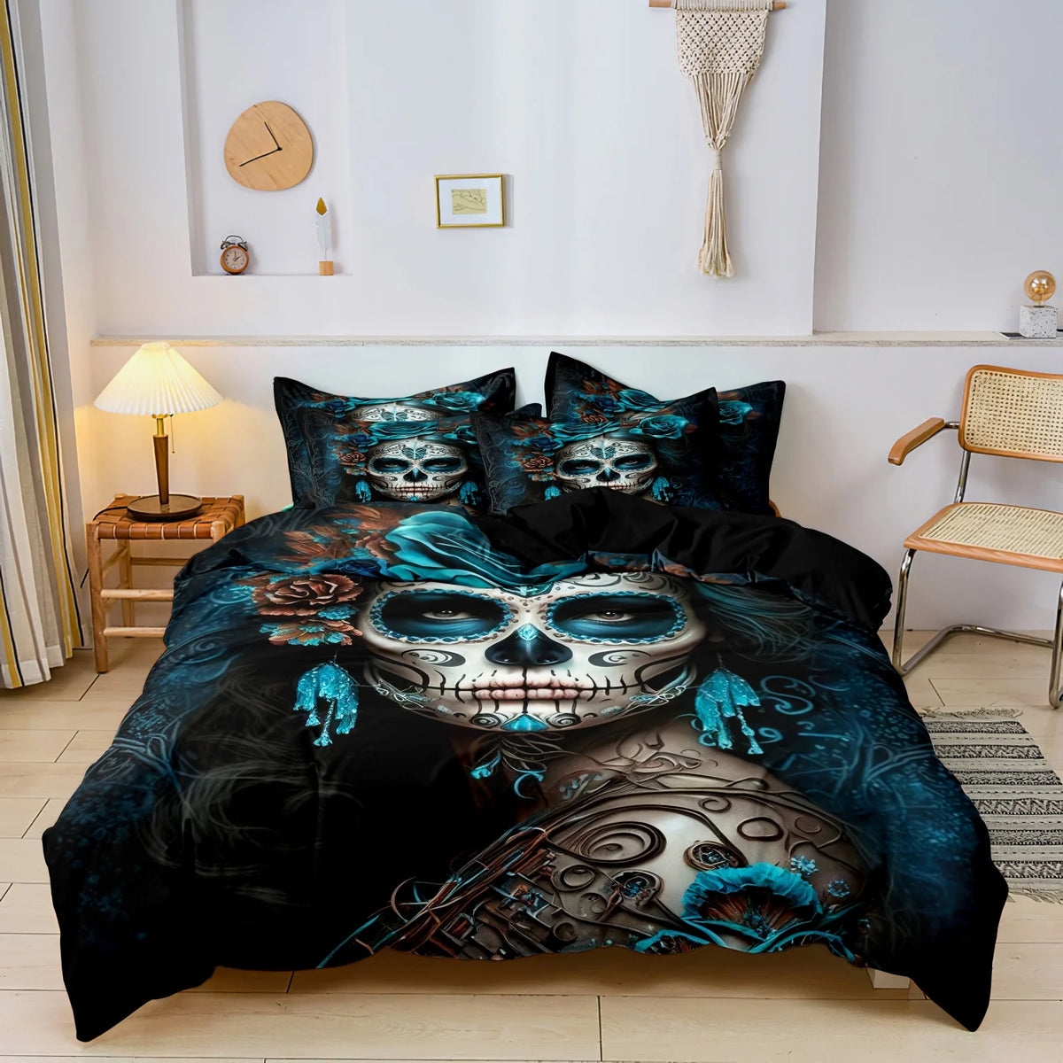A dark blue and black duvet cover featuring a detailed sugar skull design with floral accents.