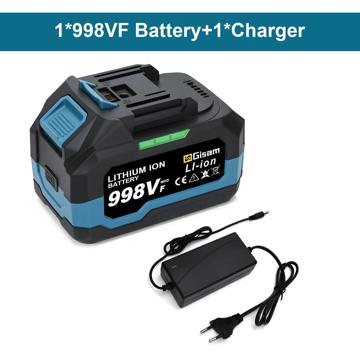 A black lithium-ion battery pack labeled 998VF with a charger cable shown next to it.