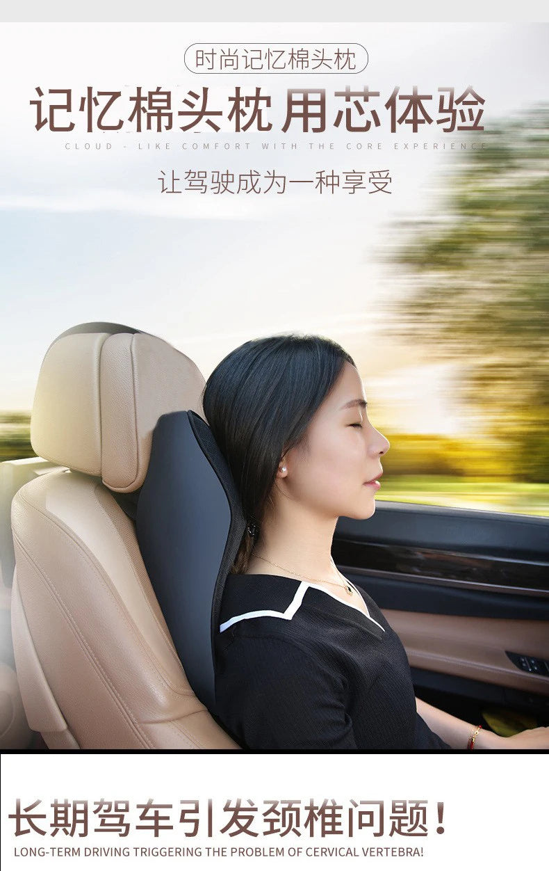 A woman is seated in a car, resting her head on a beige memory foam seat headrest pillow.