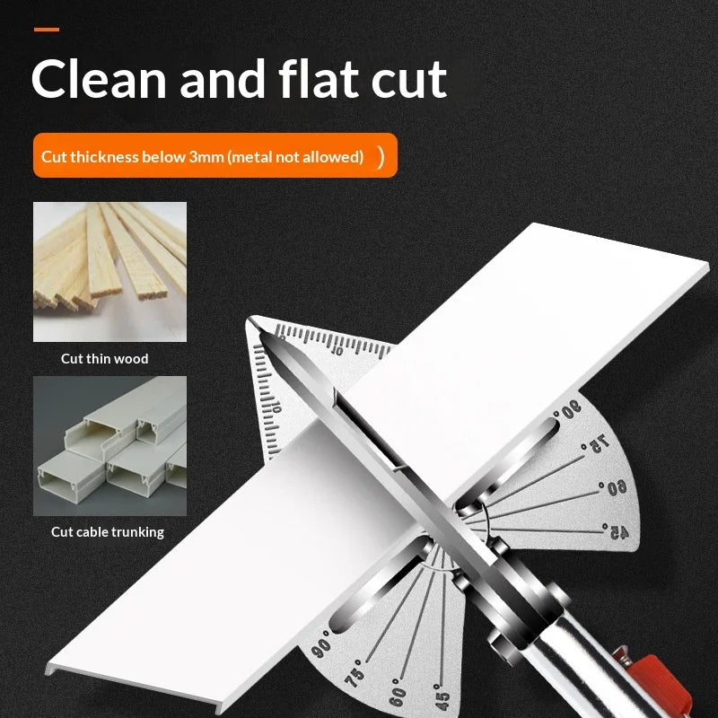 An adjustable angle shear tool is shown cutting thin wood and cable trunking.