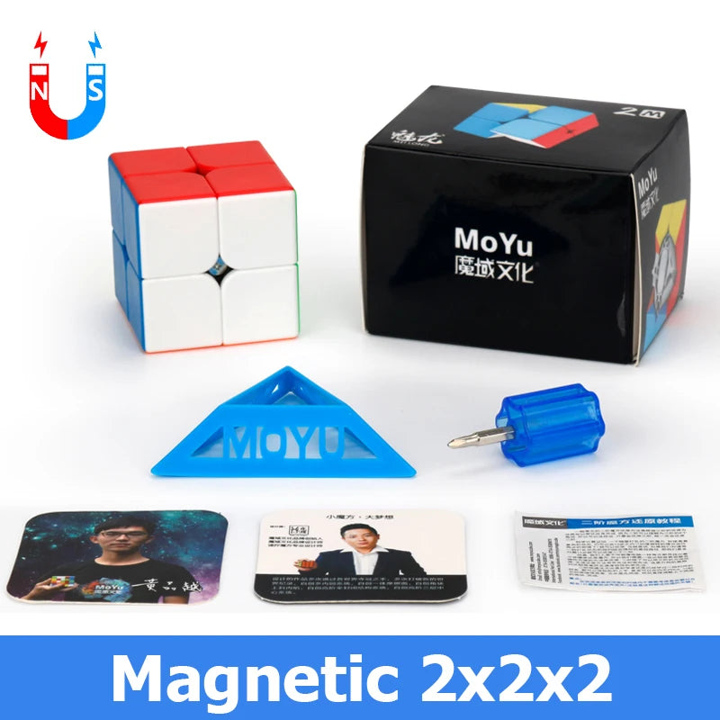 A set of MoYu magnetic 2x2 speed cubes, including the cube, a blue plastic piece, and instruction cards.