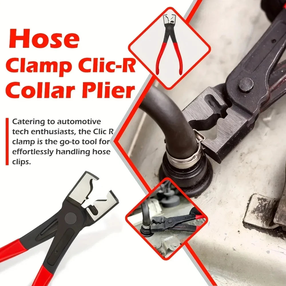 A close-up view of a red and black hose clamp pliers tool used for handling hose clips.