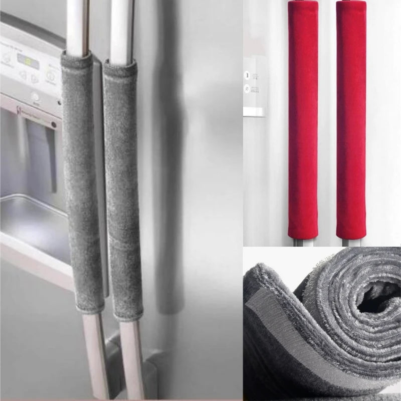 A close-up view of two gray velvet anti-skid protector covers for refrigerator handles.