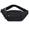 Black canvas waist pack or fanny pack with adjustable strap and multiple pockets