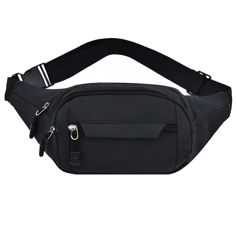 Black canvas waist pack or fanny pack with adjustable strap and multiple pockets