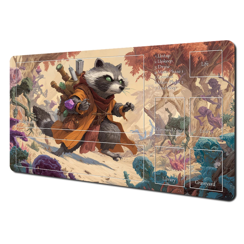 Fantasy card playmat featuring an illustration of a cat character in an orange cloak and various themed boxes.