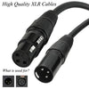 Vista de cerca de un conector y ensamblaje de cable de audio XLR profesional de 3 pines negro.