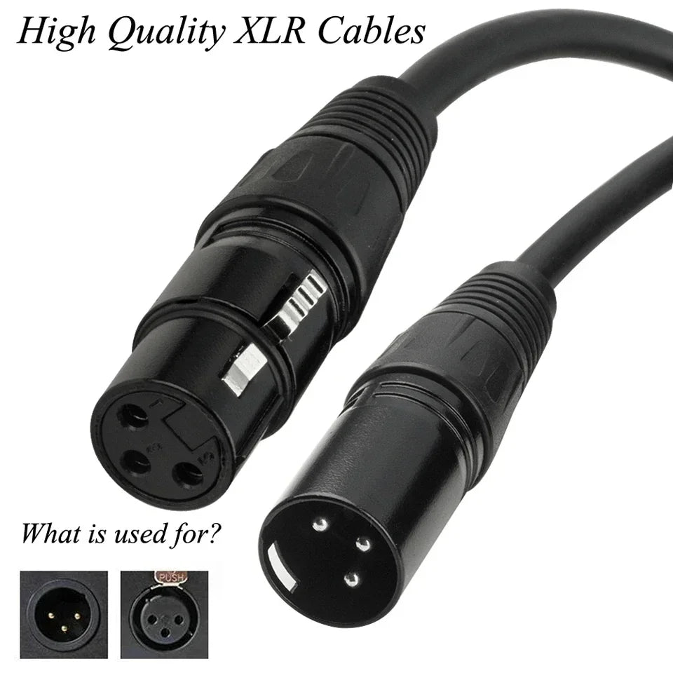 Vista de cerca de un conector y ensamblaje de cable de audio XLR profesional de 3 pines negro.