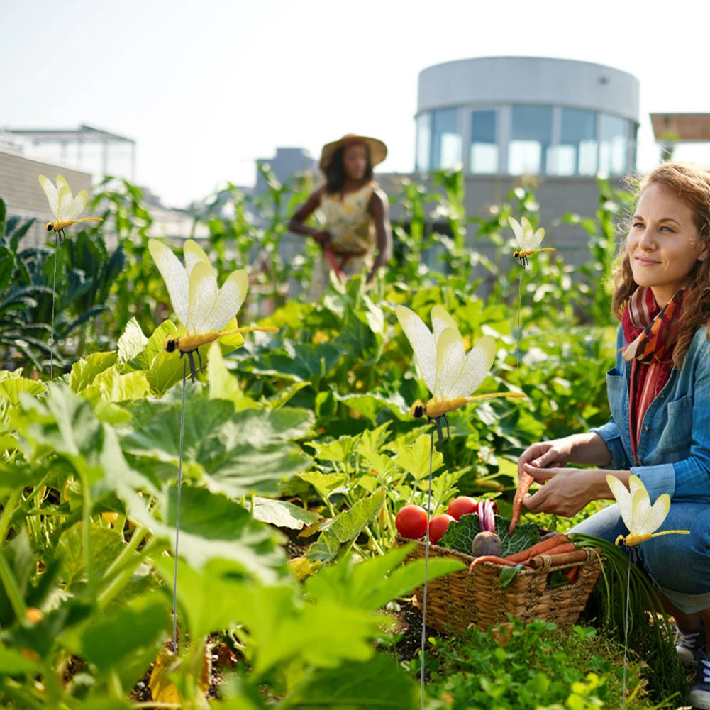A woman is tending to a garden filled with green plants and white flowers, with dragonfly clips visible.