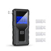 A black portable digital breathalyzer device with an LCD display and five clear glass mouthpieces.