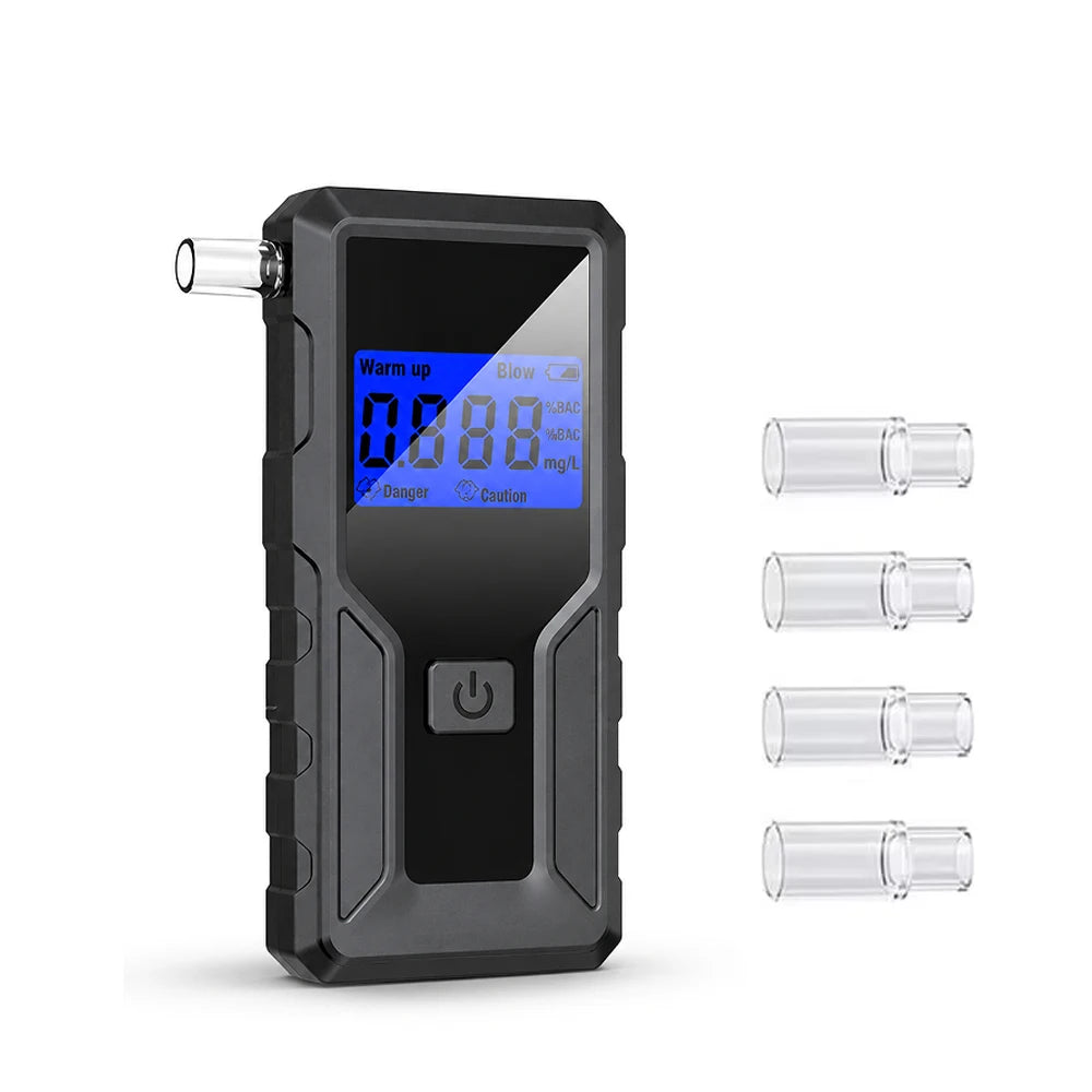 A black portable digital breathalyzer device with an LCD display and five clear glass mouthpieces.