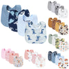 A collection of soft cotton baby bibs in various colors and cute cartoon prints.