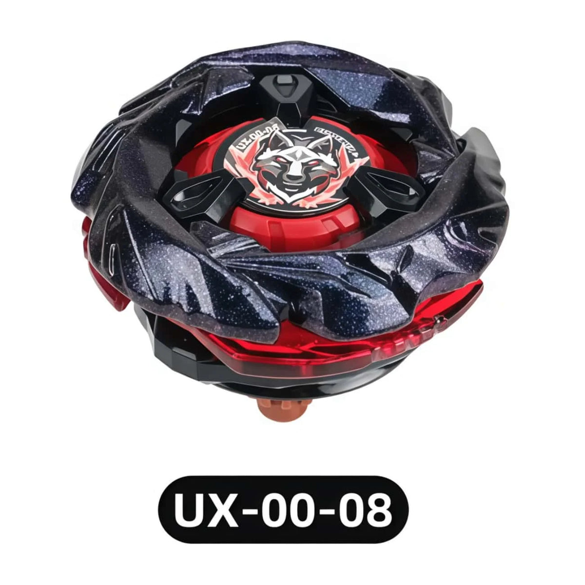A black and red metal spinning top battle toy with a launcher, featuring a fierce wolf design.