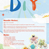 A graphic showing DIY crochet stitch notations and colorful crocheted animal and plant projects.