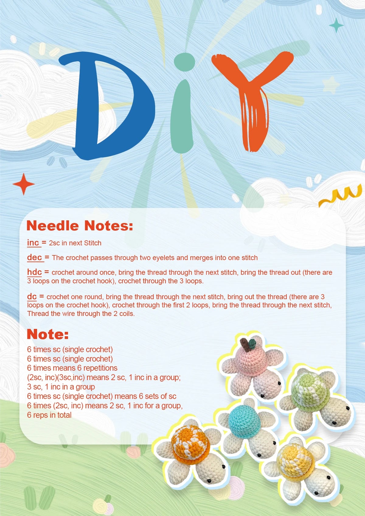 A graphic showing DIY crochet stitch notations and colorful crocheted animal and plant projects.