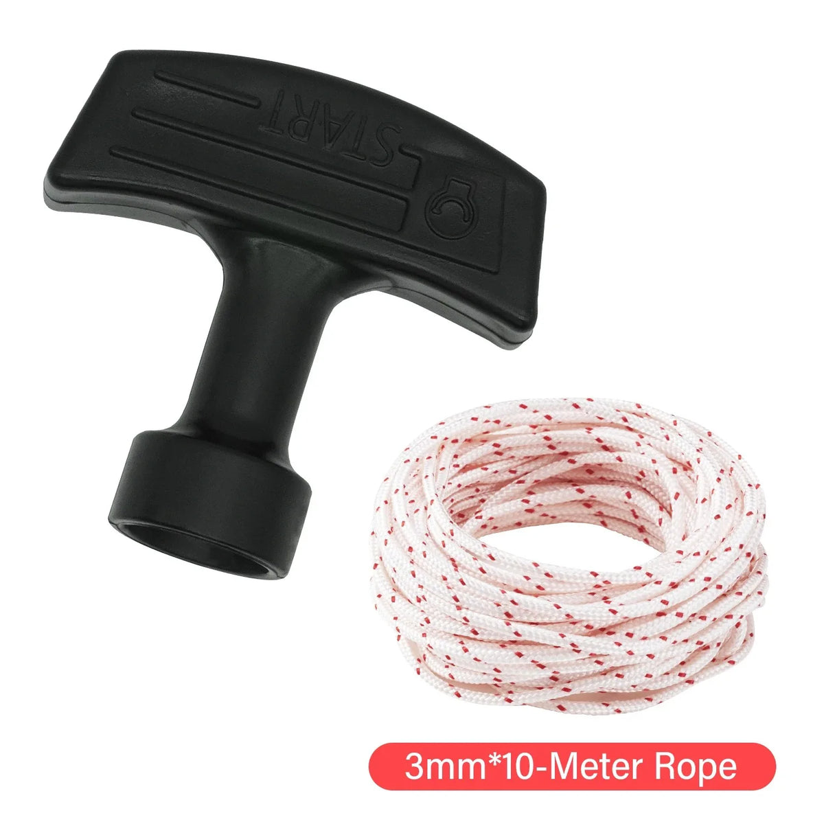 Black 3mm 10-meter nylon rope with a plastic starter handle for chainsaws and trimmers