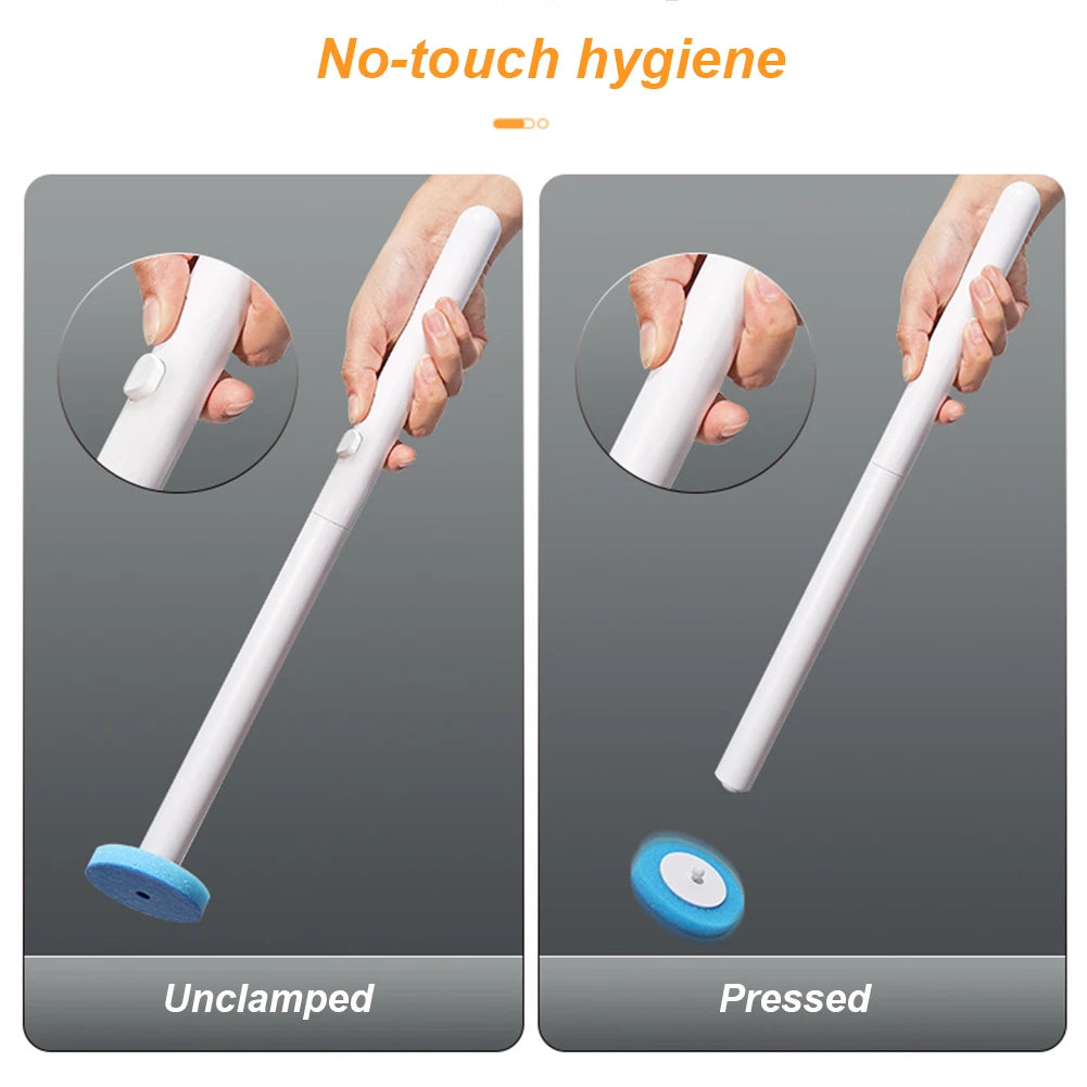 A white, unclamped toilet cleaner rod and a pressed version of the same product for no-touch hygiene.