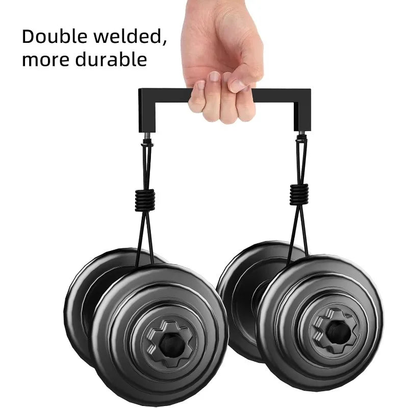 A hand holds a pair of double welded matte black stainless steel cabinet pulls.