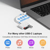 A white 3-in-1 USB-C memory card reader is shown next to a laptop, with compatibility icons for photo, music, movie, and file