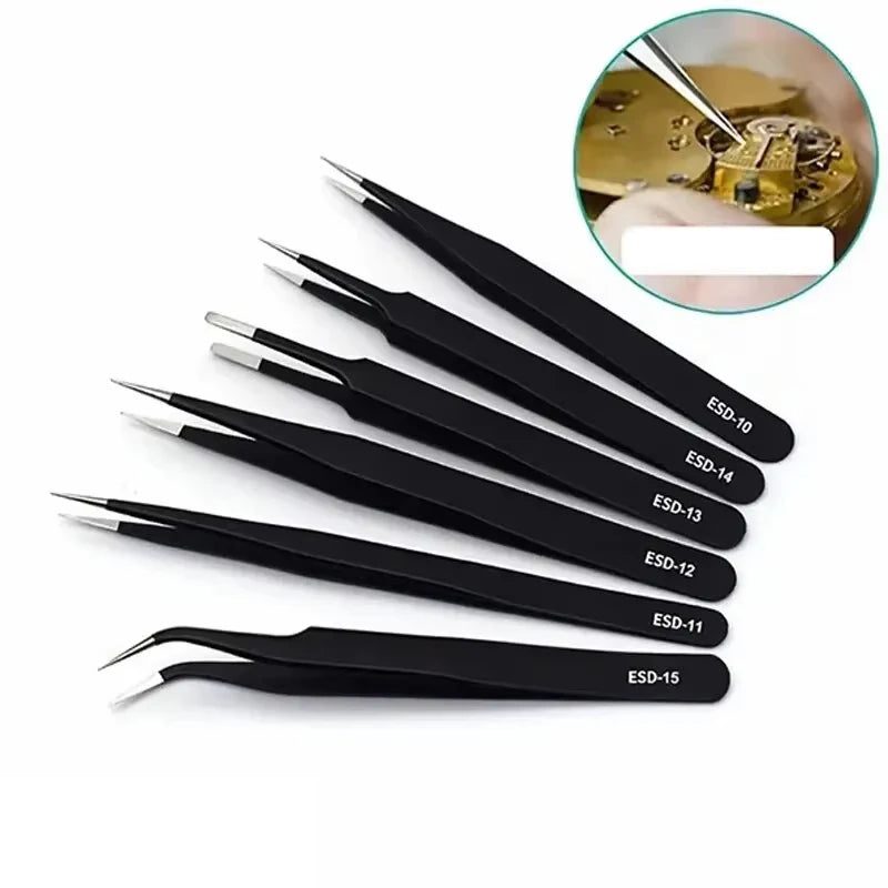A set of six precision anti-static tweezers with various sizes labeled ESD-10 through ESD-15, shown next to a gold tool.