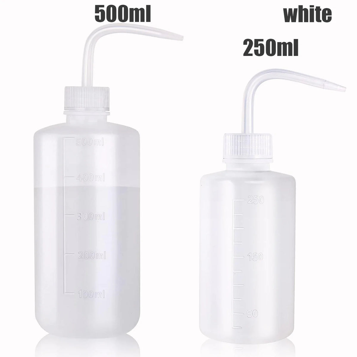 White tattoo squeeze bottles with 500ml and 250ml capacities shown side by side