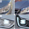 Before and after comparison of car headlight restoration using a sanding disc and polishing pad kit.